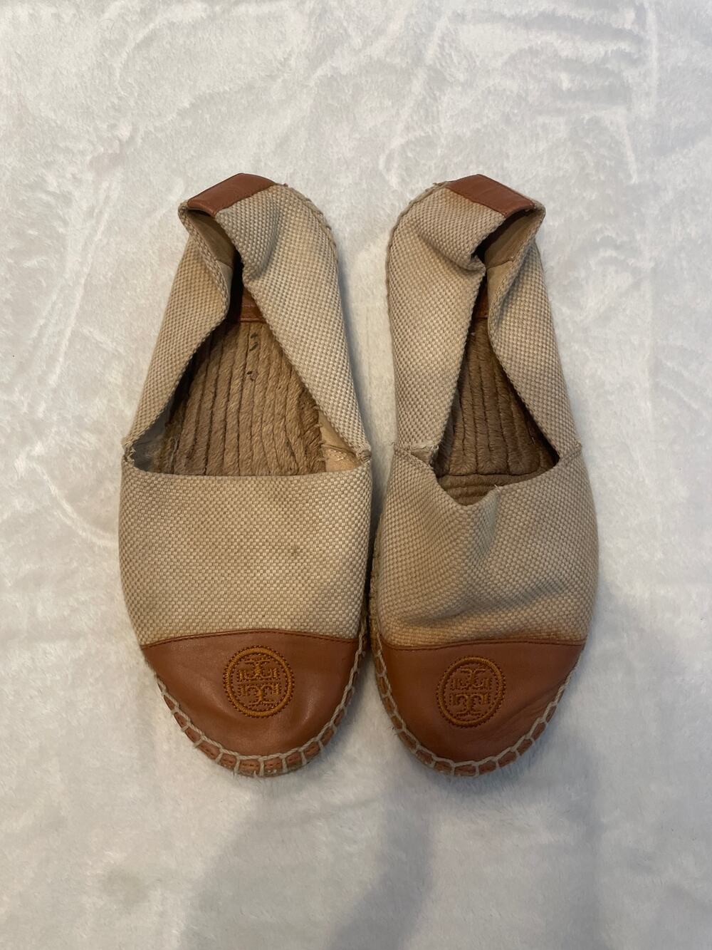 TORY BURCH Colorblock Flat Espadrilles Beige Women's 9 Slip On Canvas Leather